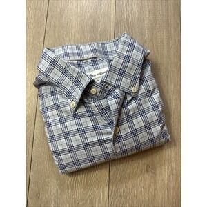 PETER MILLAR Men's Large Long Sleeve Button Down Blue Checked Plaid Cotton Blend